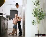 Tiny Little Blonde Forced To Suck Cock In The Kitchen