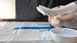 Massive spray of blue enema solution